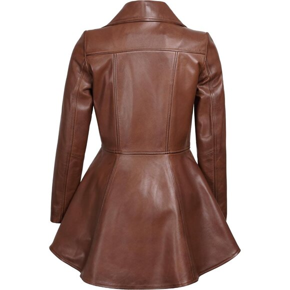 Women's Real Lambskin Peplum Long Sleeves Leather Jacket Outerwear Cognac Brown - Picture 4 of 5